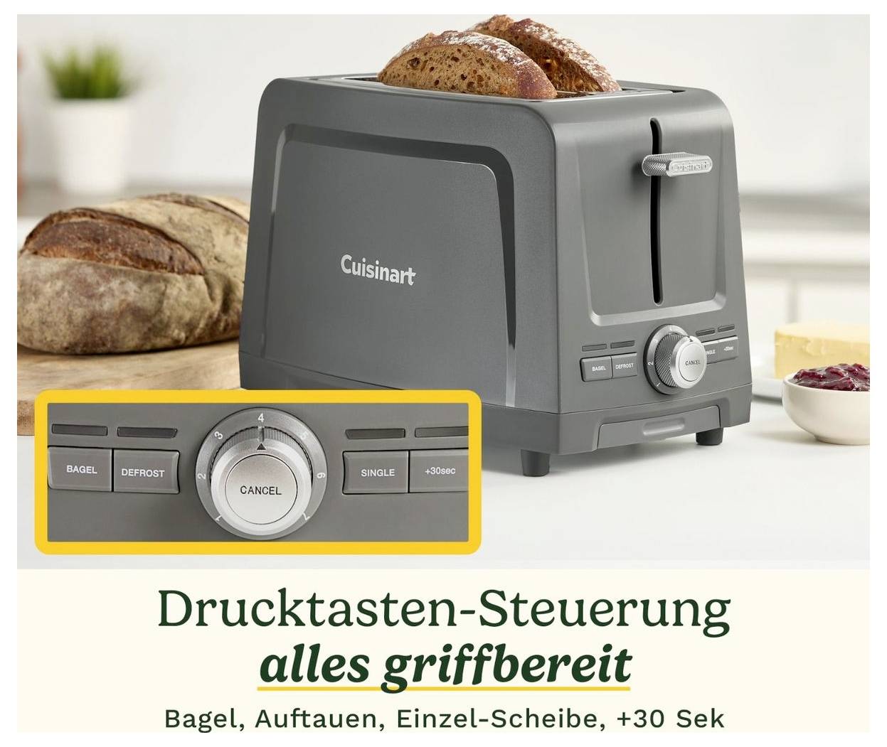 Grauer Cuisinart-Toaster mit zwei Brotscheiben; hervorgehoben sind die Bedienelemente mit Tasten 'BAGEL', 'DEFROST', 'SINGLE', '+30SEC' und Drehknopf 'CANCEL'.<br>