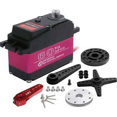 RC-Digitalservomodul-Set mit schwarzem und rosa Servo, Metallhorn, Kunststoffarmen, Schrauben und Befestigungsplatten auf weißem Hintergrund