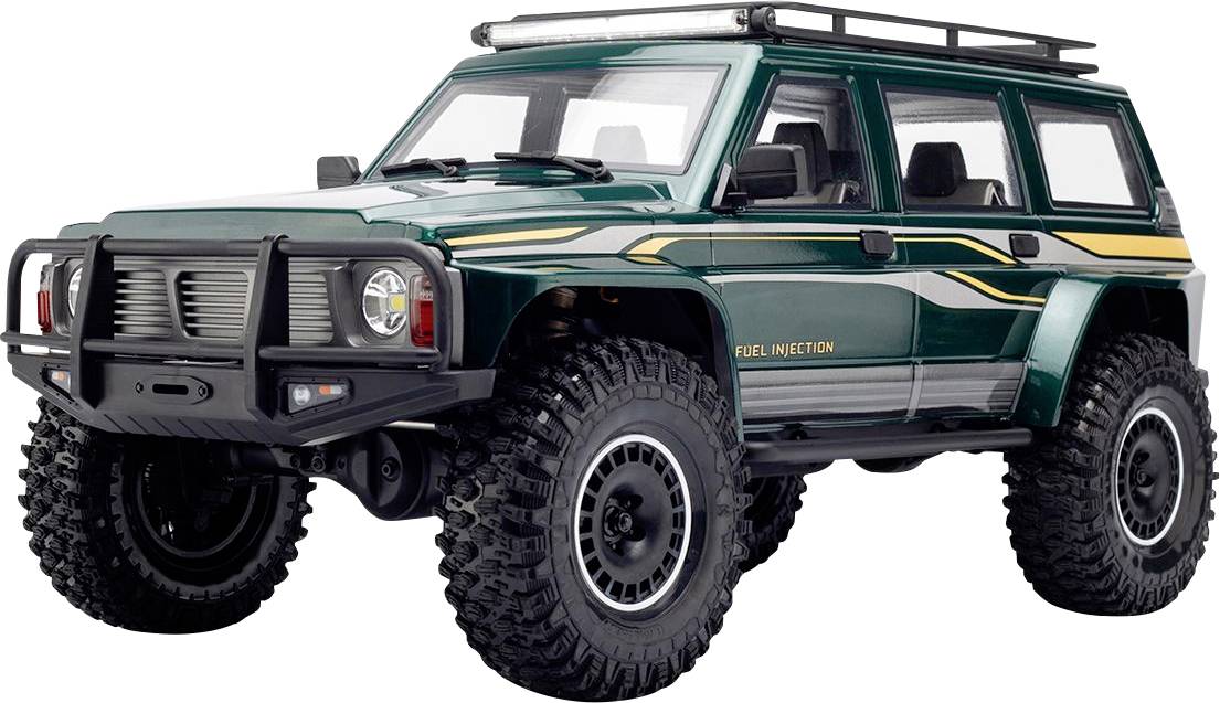 Grüner Geländewagen mit großen Reifen, Dachgepäckträger und vorderer Stoßstangenschutzvorrichtung, in Seitenansicht auf weißem Hintergrund dargestellt.