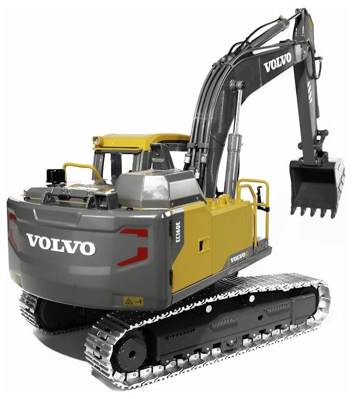 Gelb-grauer Volvo Raupenbagger mit angehobenem Schaufel, dargestellt vor weißem Hintergrund.