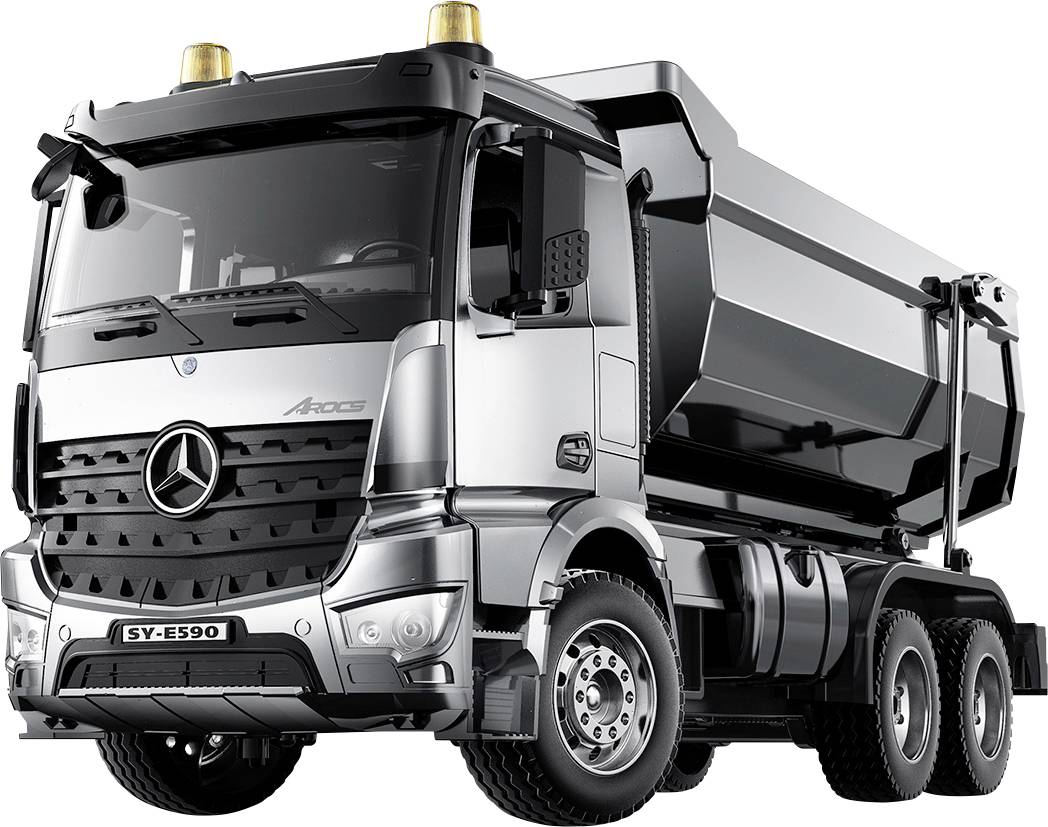 Silberner Mercedes-Benz Muldenkipper mit angehobener Ladefläche, dargestellt vor weißem Hintergrund.