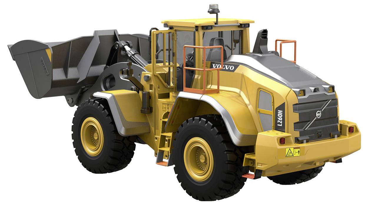 Gelber Volvo H9871 Radlader mit Frontschaufel, in der Seitenansicht auf weißem Hintergrund dargestellt.