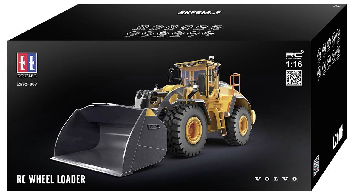Verpackung für ein Volvo RC-Radladerspielzeug mit einem gelben ferngesteuerten Lader mit übergroßem Schaufel und "RC 1:16" auf einer schwarzen Schachtel.