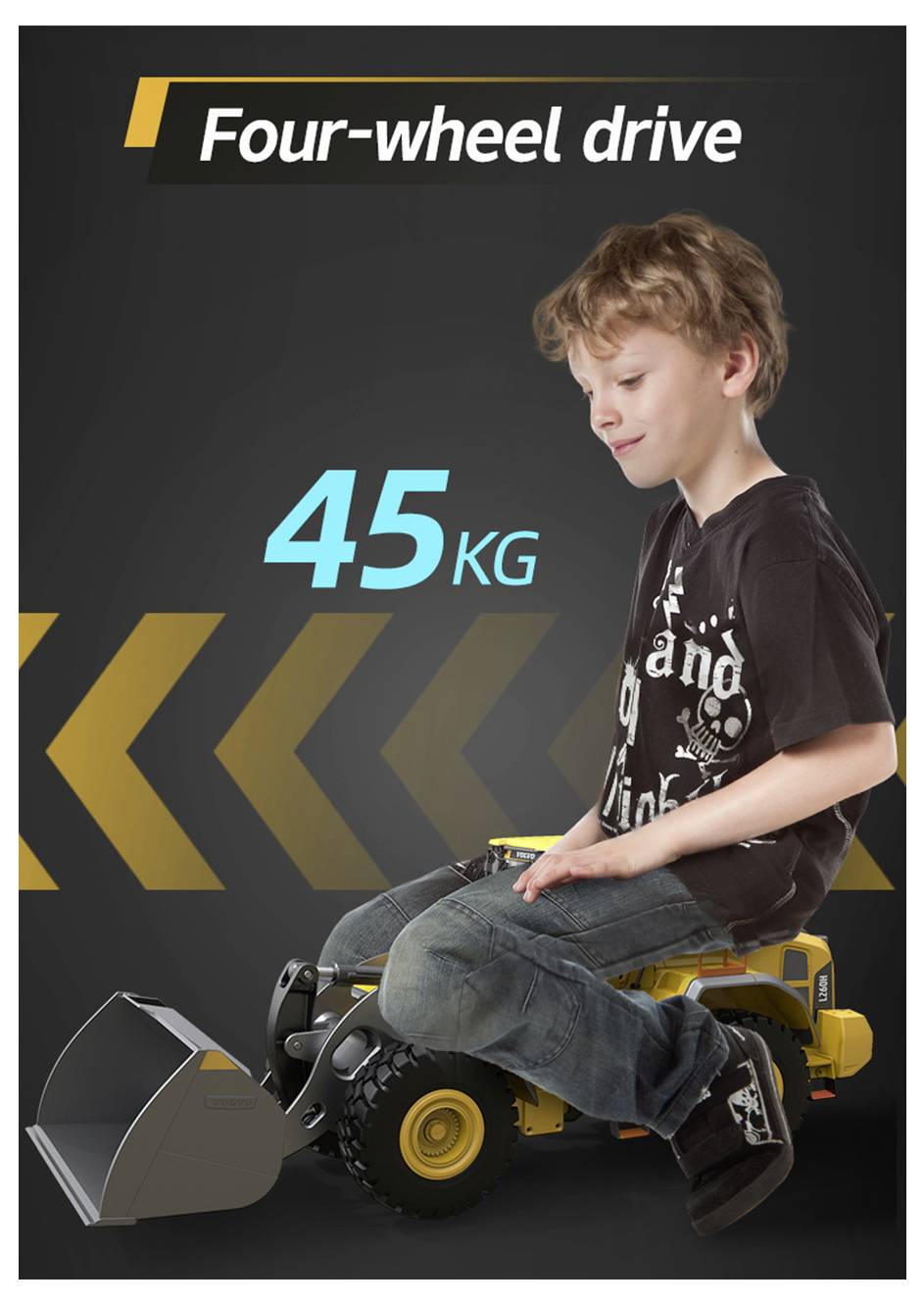 Anzeige für ein Spielzeugfahrzeug mit Allradantrieb, das ein Kind auf einem gelben Bagger mit der Aufschrift „45KG" vor dunklem Hintergrund zeigt.