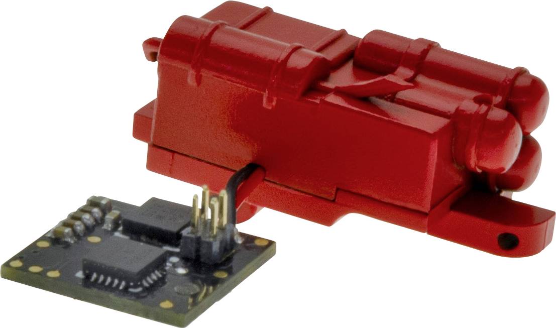 Rotes Sensormodul mit einer kleinen schwarzen Leiterplatte und Verbindungskabel, das Gerät und seine Elektronik auf weißem Hintergrund.