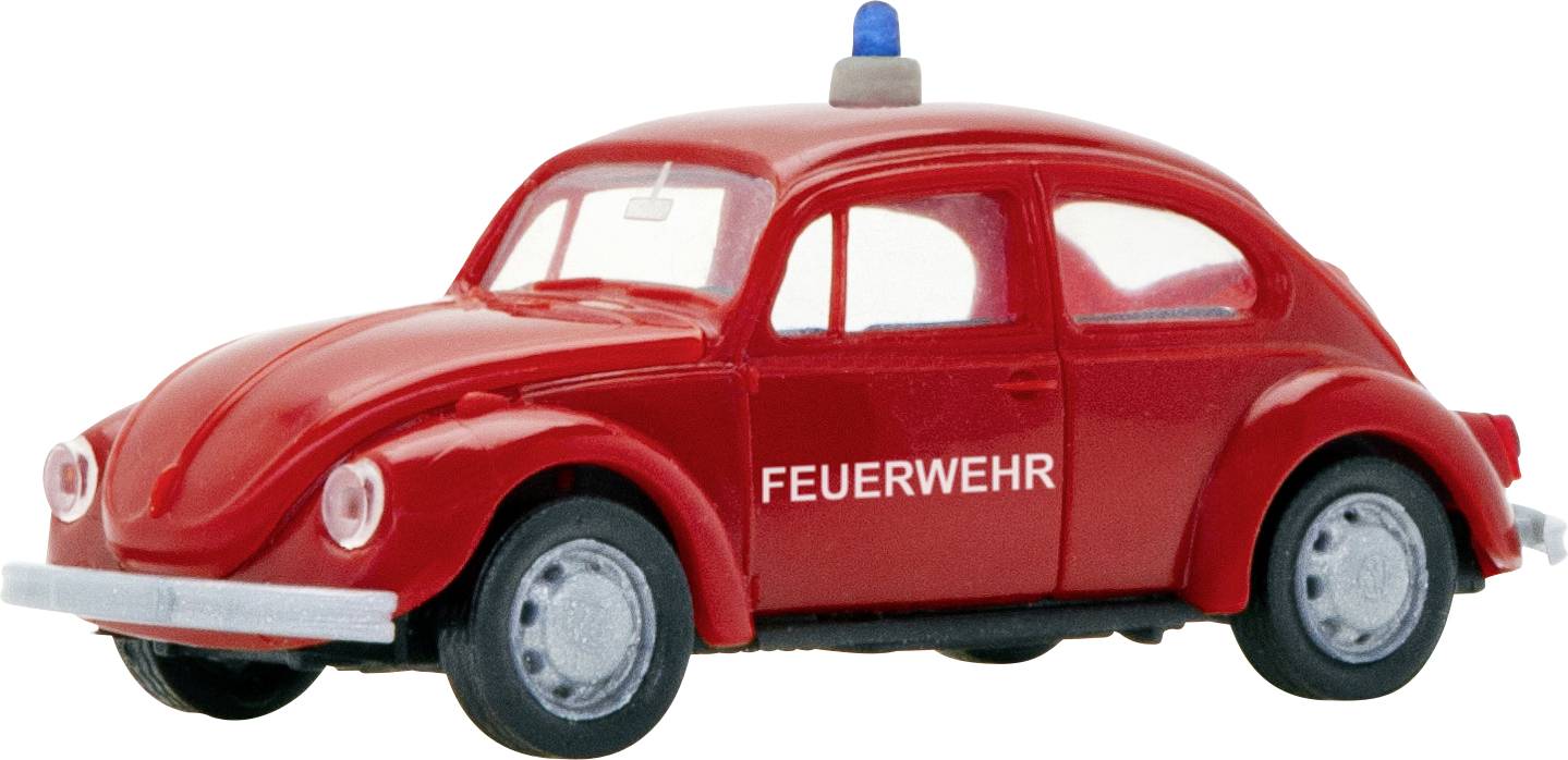 Spielzeug-Feuerwehrwagen im Stil eines roten Volkswagen Käfers mit blauem Blinklicht und "FEUERWEHR" auf der Seite