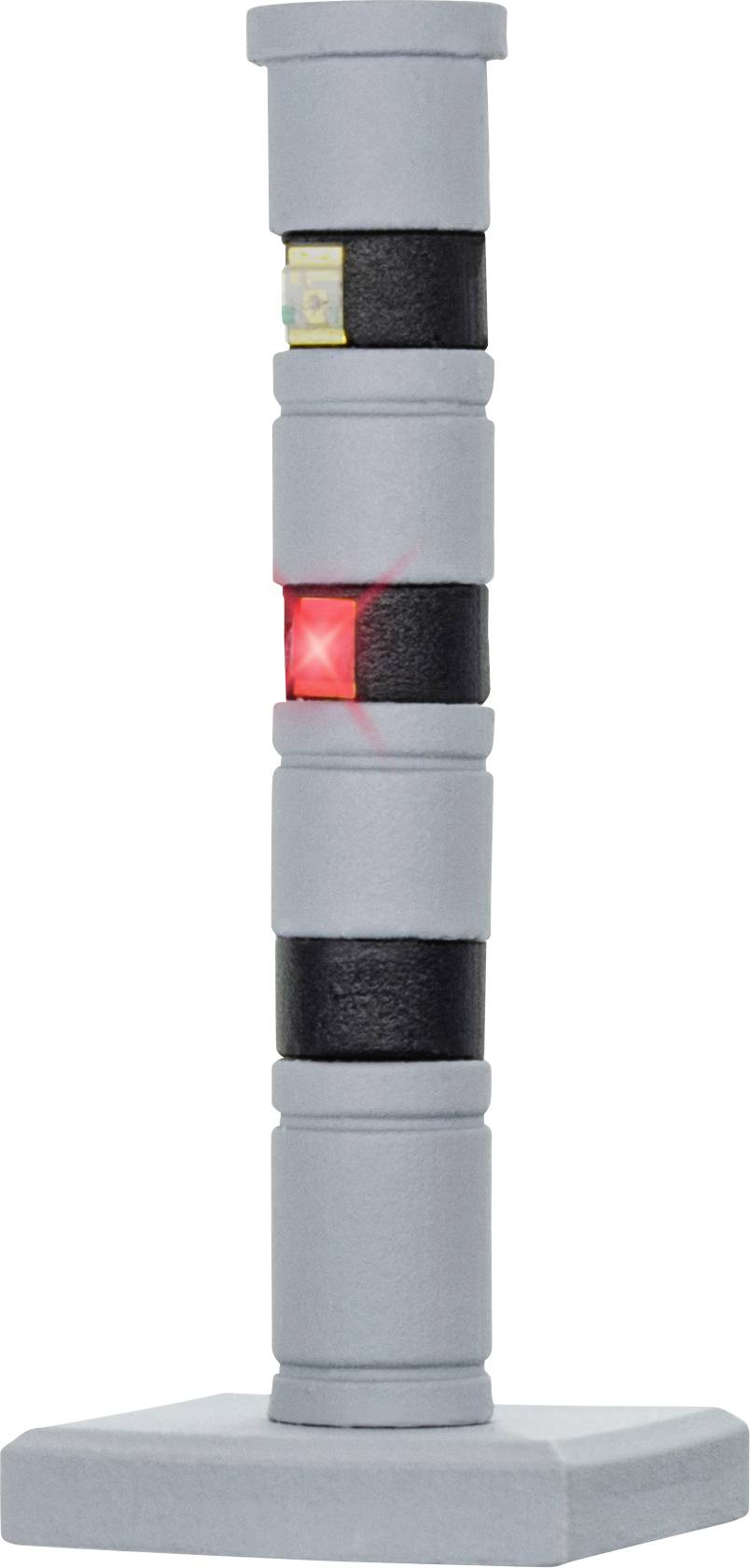 Graues Industrietürm-Signallicht auf quadratischer Basis, mit einem rot beleuchteten Segment in der Nähe der Mitte