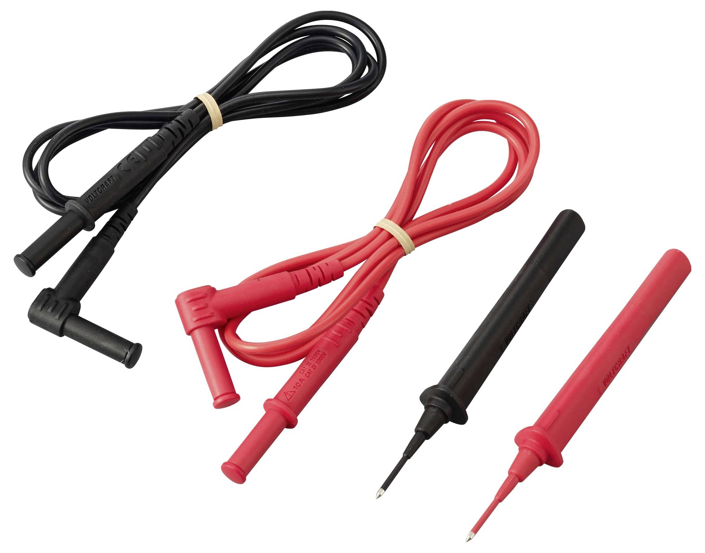 Satz von isolierten Multimeter-Messleitungen und Prüfspitzen: schwarze und rote Messleitungen im rechten Winkel mit Prüfspitzen, plus separate schwarze und rote spitze Prüfspitzeneinsätze.