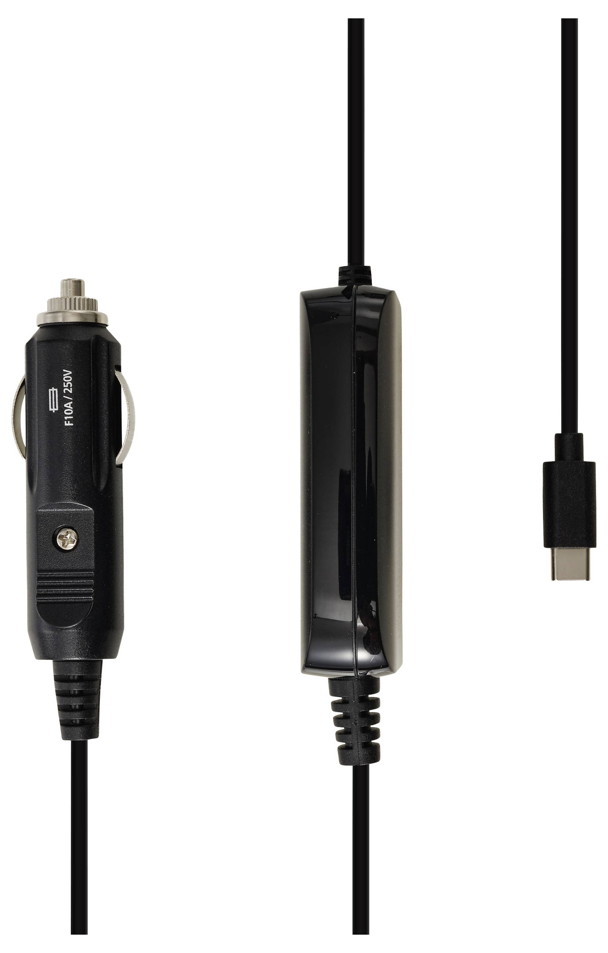 USB-C-Autolader-Kabel mit 12V-Zigarettenanzünder-Stecker, integriertem Strommodul und USB-C-Anschluss am Ende