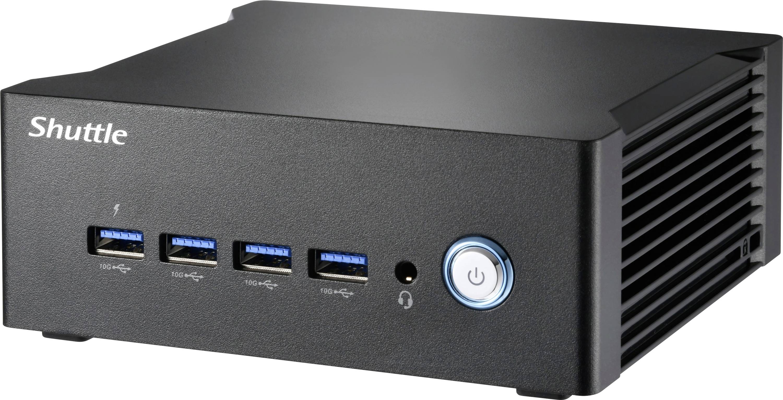 Schwarzer Shuttle Mini-PC mit vier USB-Anschlüssen an der Vorderseite, Kopfhöreranschluss und beleuchtetem Power-Button auf der Frontblende.