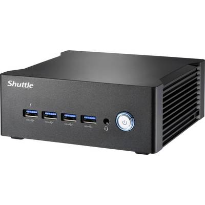 Schwarzer Shuttle Mini-PC mit vier USB-Anschlüssen an der Vorderseite, Kopfhöreranschluss und beleuchtetem Power-Button auf der Frontblende.