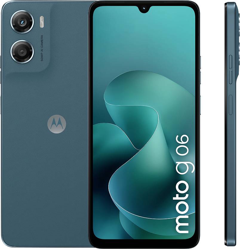 Teal-farbenes Motorola-Smartphone in Front-, Rück- und Seitenansichten, mit Dual-Hintergrundkameras und zentriertem Frontdisplay mit Motorola-Logo.
