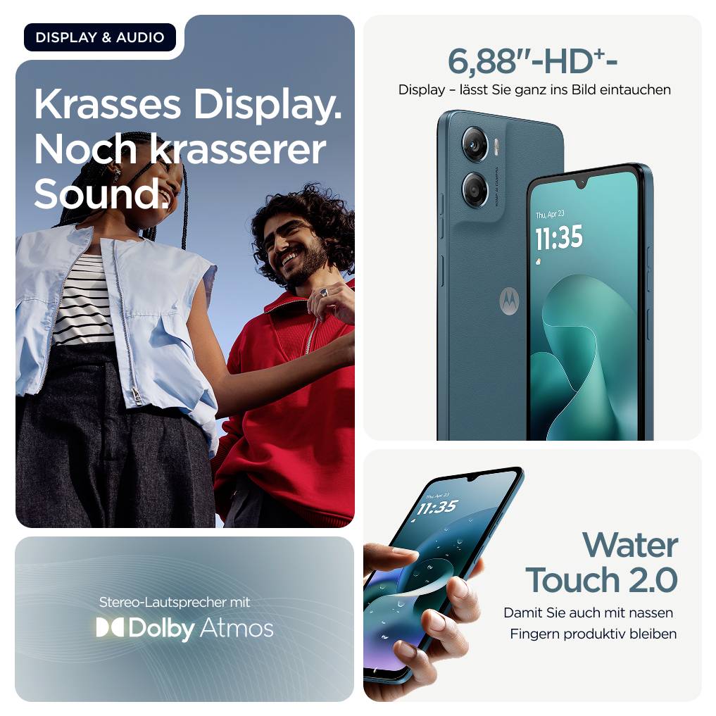 Werbeanzeige für ein Smartphone mit vier Kacheln: 'Krasses Display. Noch krasserer Sound.', 6,88''-HD+-Display, Stereo-Lautsprecher mit Dolby Atmos und Water Touch 2.0 für Bedienung mit nassen Fingern.