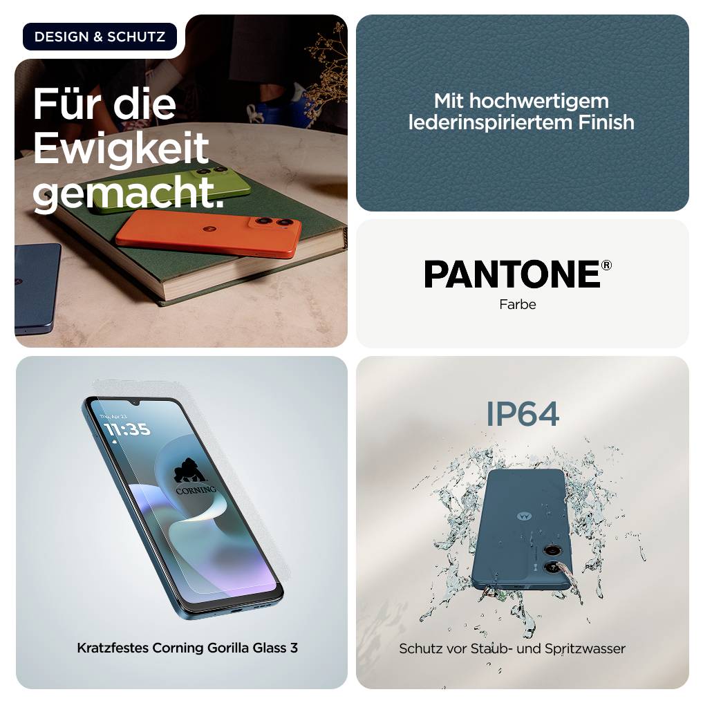 Werbegrafik zu Smartphone-Merkmalen: 'Für die Ewigkeit gemacht', lederinspiriertes Finish, PANTONE-Farbe, kratzfestes Gorilla Glass 3 und IP64-Schutz vor Staub und Spritzwasser.