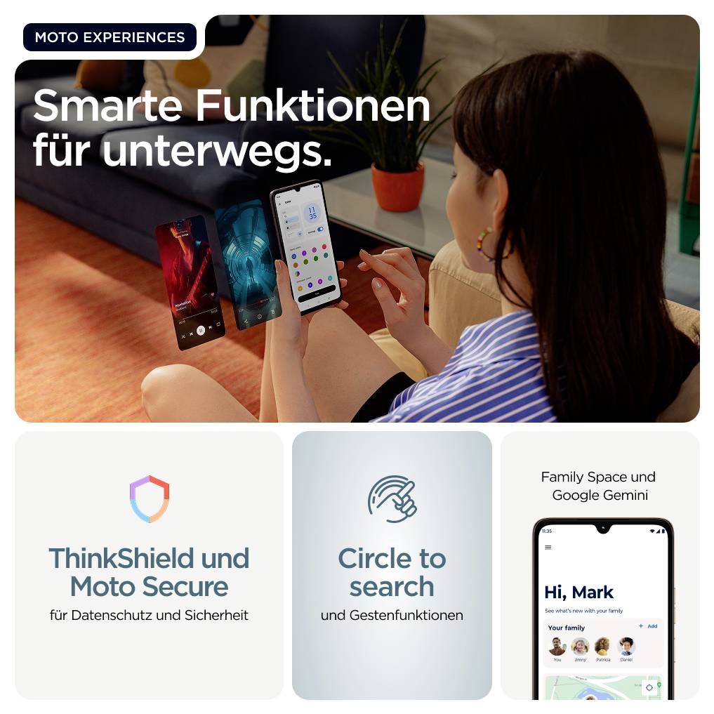 Werbegrafik für Moto Experiences: Frau nutzt ein Smartphone; hervorgehoben werden 'Smarte Funktionen für unterwegs', ThinkShield und Moto Secure, Circle to search sowie Family Space und Google Gemini.
