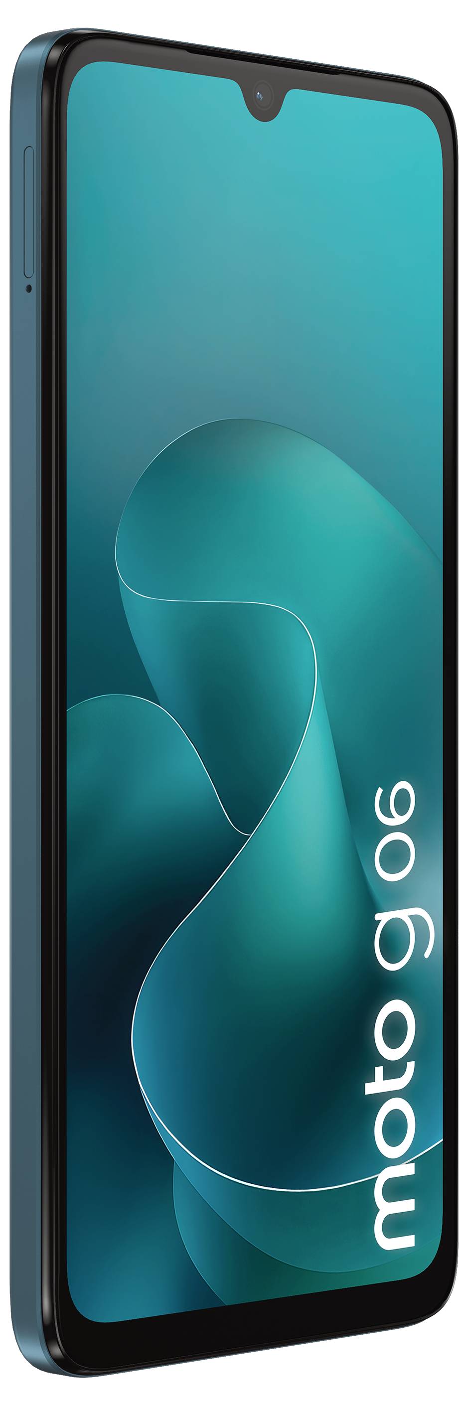 Ein schwarzes Motorola-Smartphone, in einem Winkel dargestellt, mit einem blaugrünem Bildschirm, auf dem das vertikale "moto g"-Logo angezeigt wird.