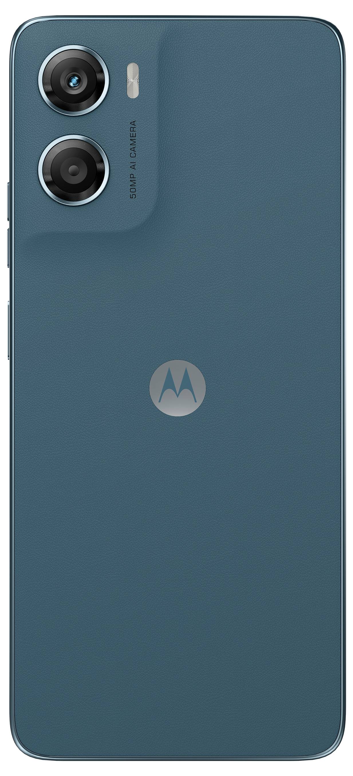 Rückseite eines blaugrünen Motorola-Smartphones mit Dual-Rückfahrkameras in einem erhöhten Eckmodul und zentriertem Motorola-Logo.