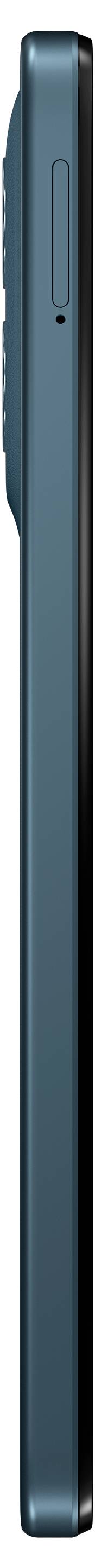 Seitenansicht eines grülich-blauen Smartphones mit schmalem Rand, Kamerawölbung und Seitentasten.