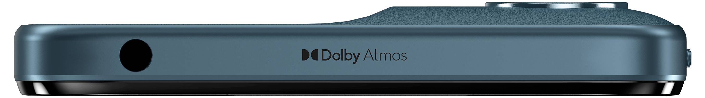 Seitenansicht eines türkisfarbenen Geräts mit einem schwarzen kreisförmigen Anschluss und dem Dolby Atmos-Logo auf der Vorderkante.