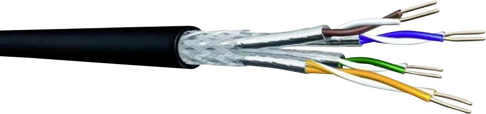 Schnittdarstellung eines mehradrigen elektrischen Kabels mit farblich isolierten Drähten in einer schwarzen Außenschicht.