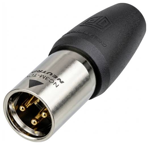 Nahaufnahme eines männlichen Neutrik XLR-Audiosteckers mit schwarzem Gummigehäuse und dreipoliger Metallstecker