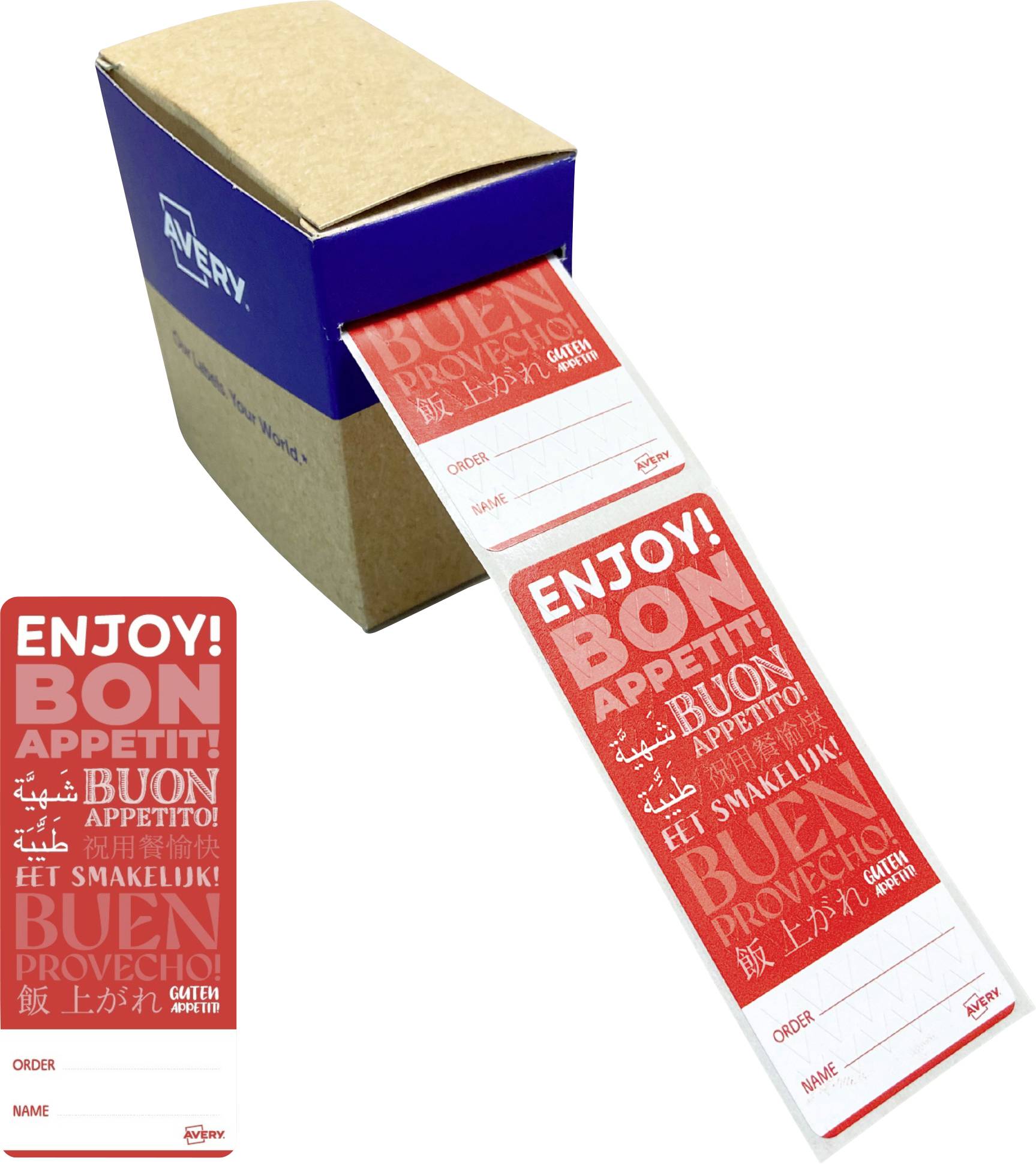 Avery Etikettenspender mit einer Rolle rot-weiße „ENJOY! BON APPETIT!"-Etiketten und ein unten gezeigtes Musteretikett-Streifen.