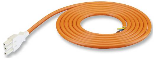 Orange aufgerolltes Stromverlängerungskabel mit weißem dreipoligem Stecker und freiliegendem Drahtende.