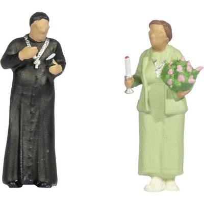 Zwei kleine religiöse Figuren: ein in schwarzer Robe gekleideter männlicher Geistlicher mit Kette und Buch sowie eine in grüner Robe gekleidete weibliche Figur, die eine Kerze und Blumen hält.