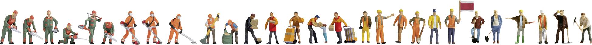 Eine Reihe winziger Arbeiterfiguren in Orange und Grau, dargestellt in verschiedenen Positionen, um eine Abfolge von Handarbeit oder Teamarbeit zu suggerieren.