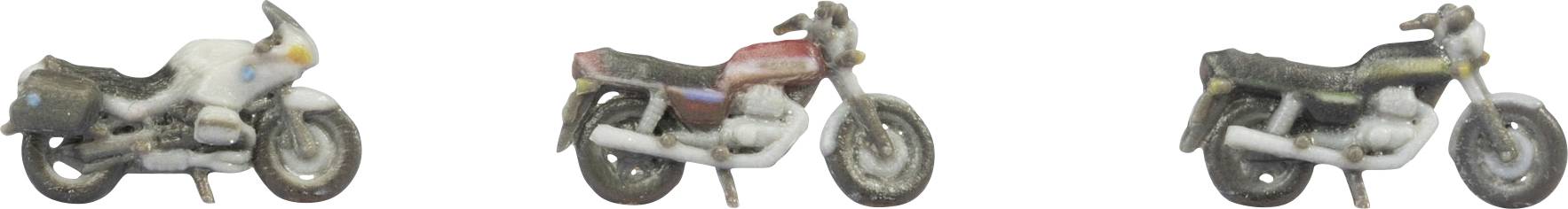 Drei kleine Motorrad-Seitenansicht-Bilder nebeneinander gezeigt, jedes mit einem anderen Farbschema.