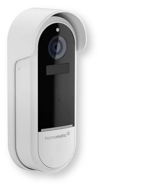 Weiße Homematic intelligente Türklingel-Kamera mit Linse, Sensor und Klingelknopf auf einer wandmontierten Einheit.