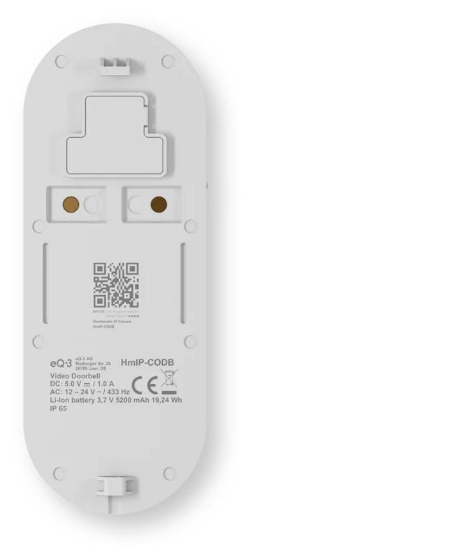 Rückansicht einer weißen eQ3 Video-Türklingel-Halterung oder Gerätebasis mit QR-Code, gekennzeichneten Bedienelemente und unterhalb gedruckten Produktspezifikationen.