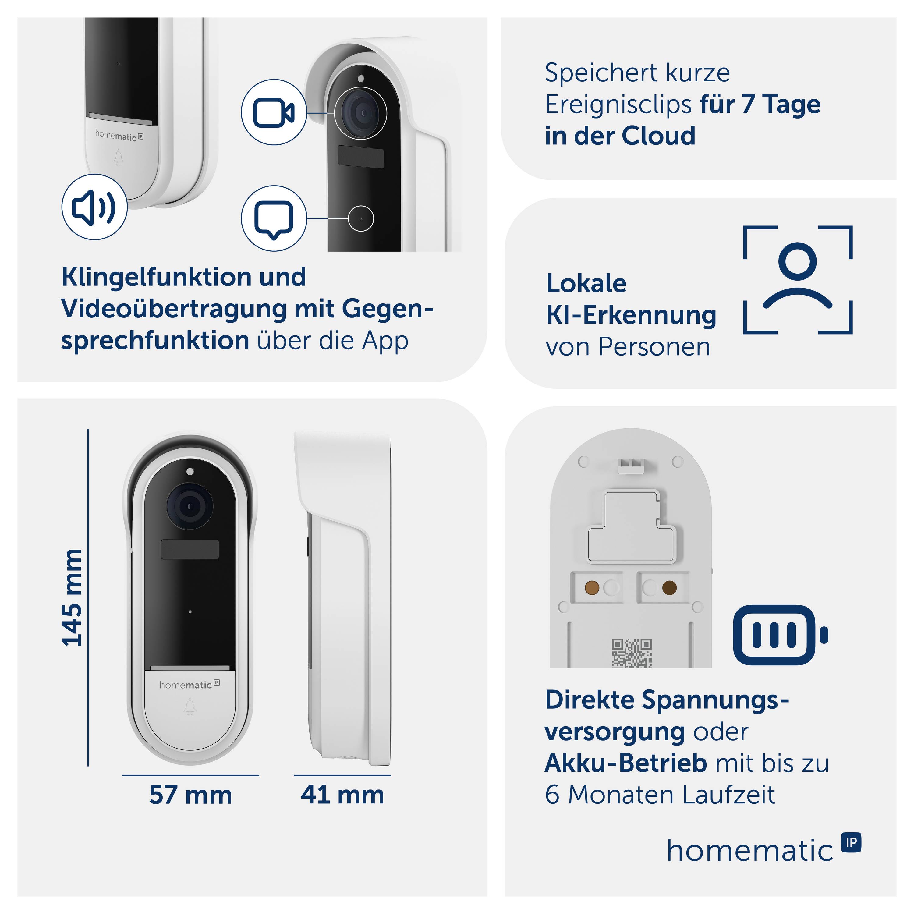 Produktabbildung einer smarten Videotürklingel mit App-Gegensprechfunktion, Klingel und Videoübertragung; speichert Ereignisse 7 Tage in der Cloud, lokale KI-Personenerkennung, Maße 145 x 57 x 41 mm, Akku- oder Direktversorgung.