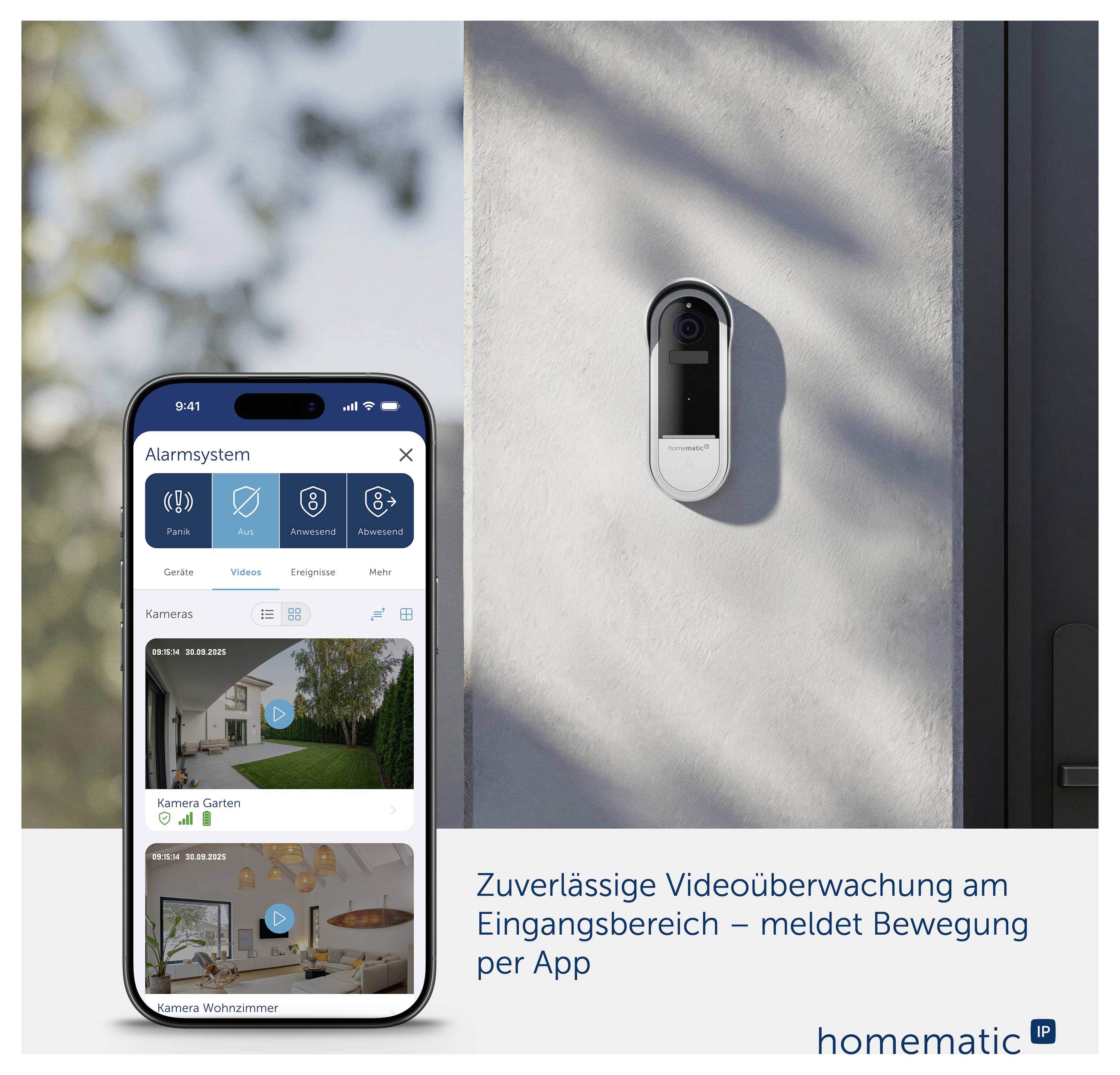 Smartphone zeigt 'Alarmsystem' mit Live-Kamerabildern; daneben eine Außenkamera an einer Hauswand. Text: 'Zuverlässige Videoüberwachung am Eingangsbereich – meldet Bewegung per App'.
