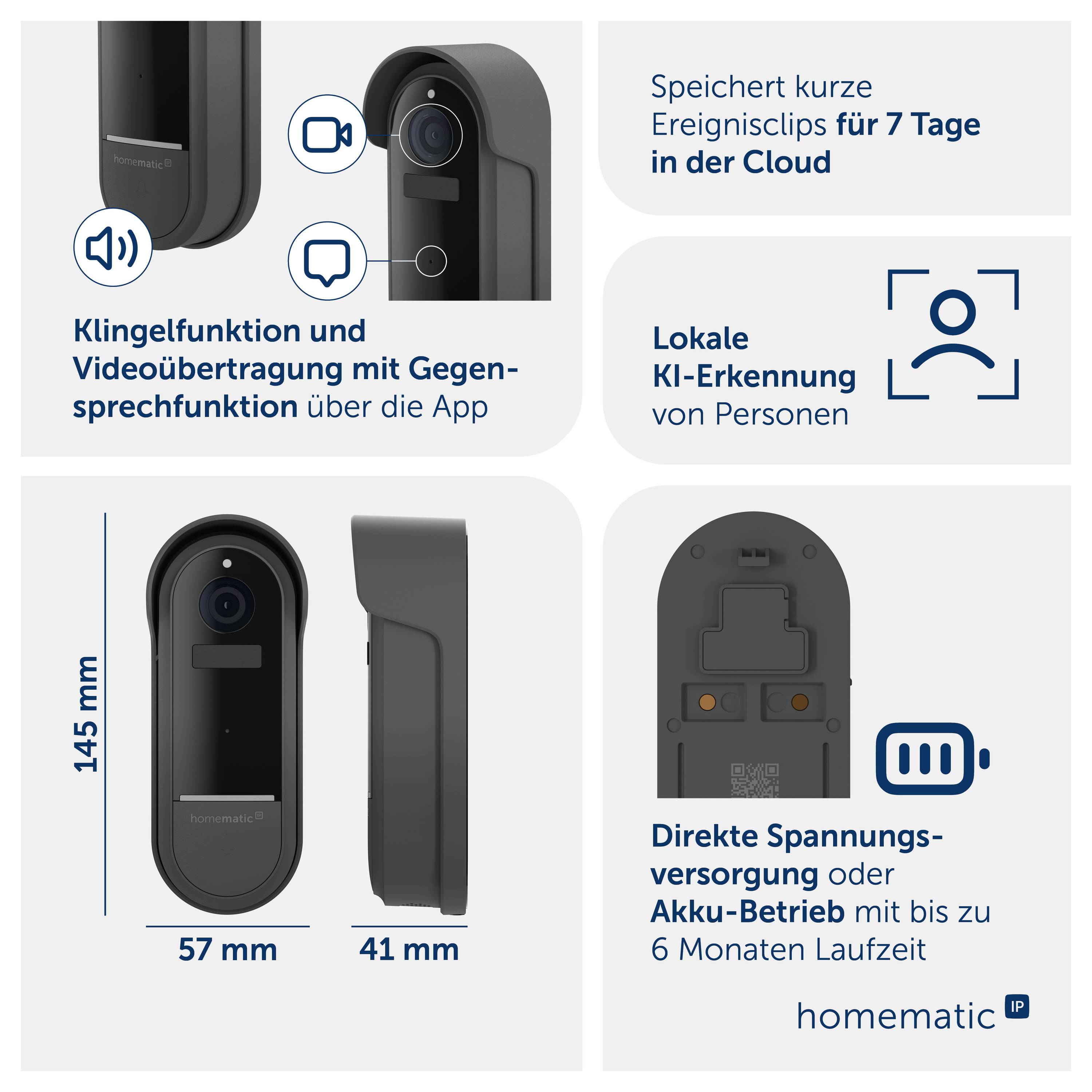 Produktgrafik einer Smart-Video-Türklingel mit Funktionen: Klingel und Videogegensprechen per App, lokale KI-Erkennung, 7 Tage Cloud-Speicher, Akku- oder Spannungsversorgung, Maße 145 × 57 × 41 mm.