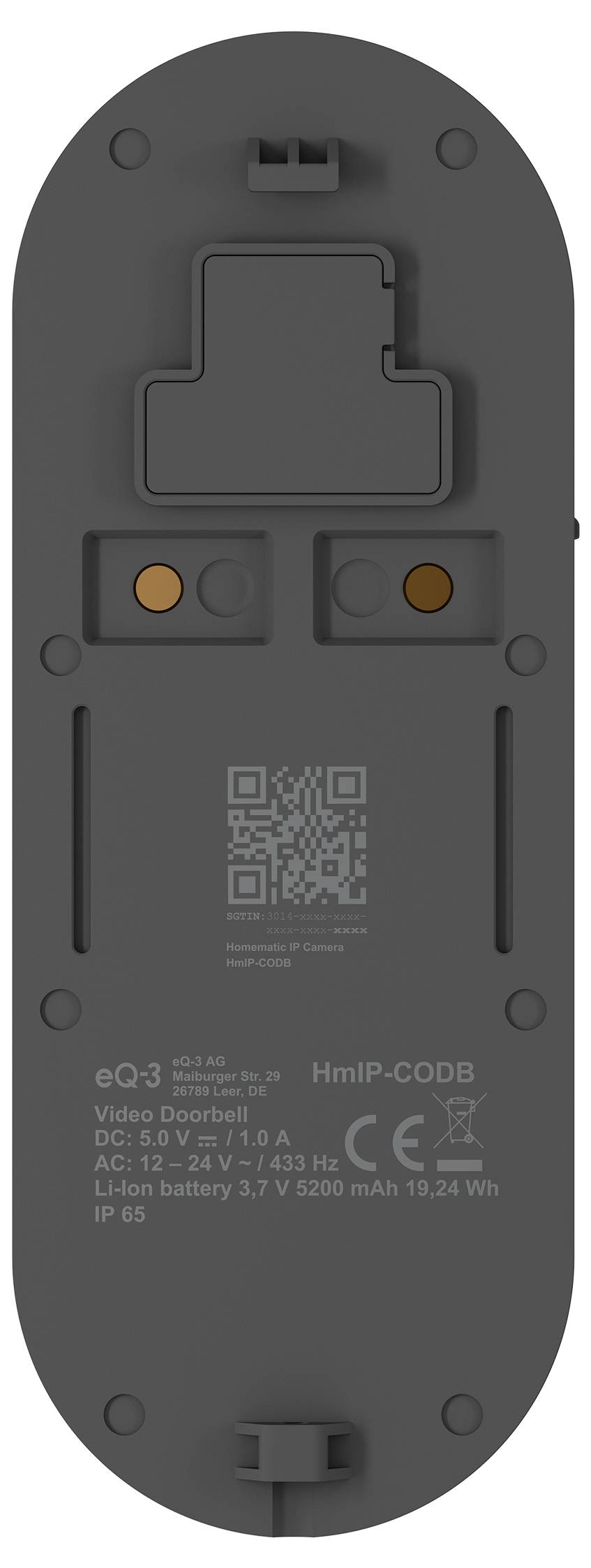 Rückansicht eines grauen eQ-3 Video-Türklingel-Geräts mit zwei Tasten, QR-Code und gedrucktem Modell-/Spezifikationsetikett.