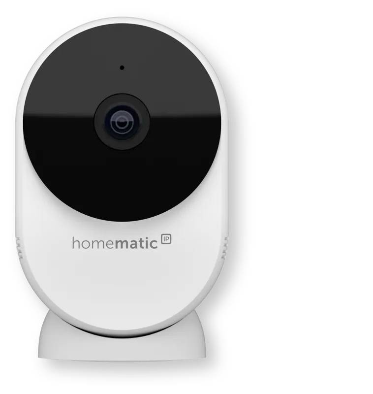 Weiße Homematic IP Innenüberwachungskamera mit schwarzem kreisförmigem Objektiv und Standfuß auf neutralem Hintergrund.
