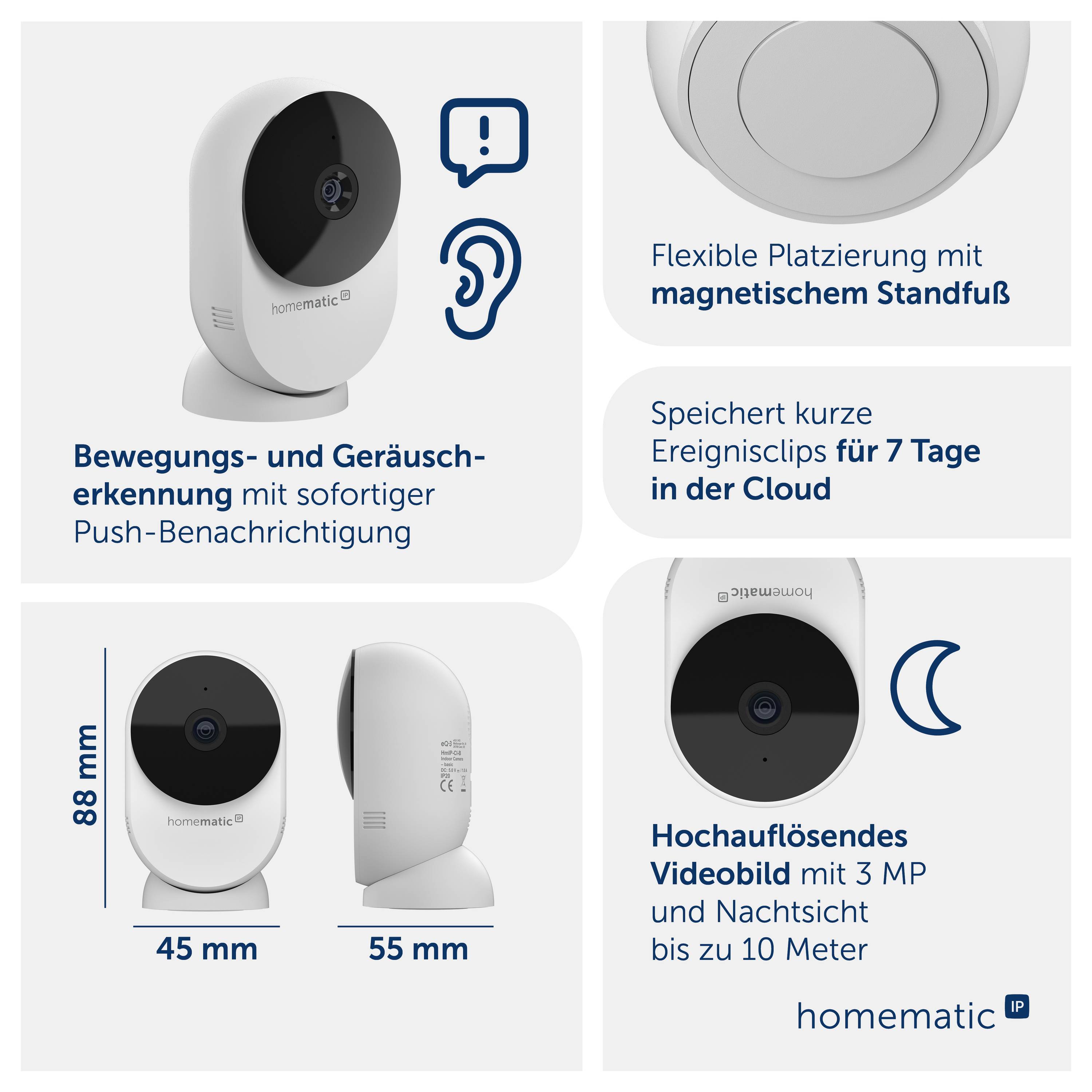 Infografik zur Homematic-IP-Kamera: Bewegungs- und Geräuscherkennung mit Push-Nachricht, magnetischer Standfuß, 7 Tage Cloud-Speicherung, Nachtsicht bis 10 Meter, Maße 88 x 45 x 55 mm.