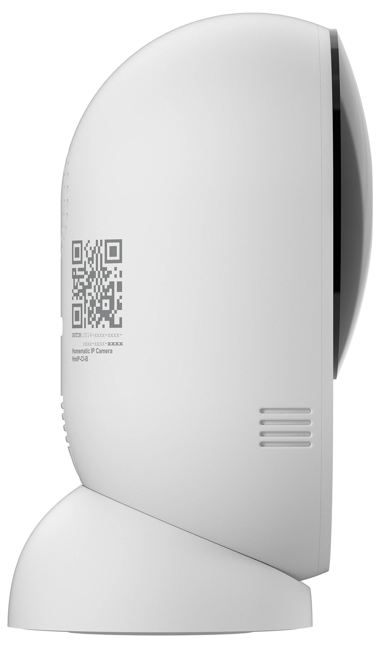 Weiße zylindrische Sicherheitskamera oder Sensorgerät in Seitenansicht mit QR-Code und kleinen Lüftungsschlitzen am Gehäuse.