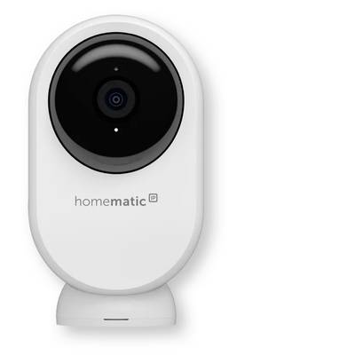 Weiße Homatic IP-Sicherheitskamera mit großem schwarzem Objektiv auf kleinem Ständer, Vorderansicht auf einfachem Hintergrund.