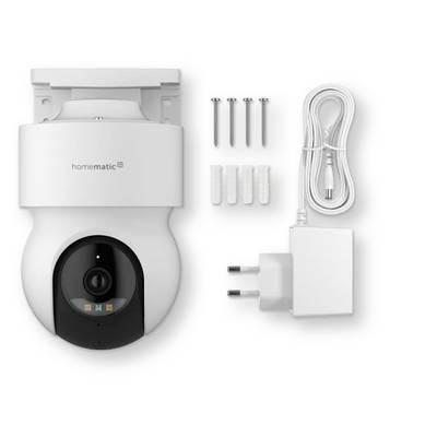 Homematic wandmontierte intelligente Kamera mit mitgelieferten Schrauben, Dübeln, Netzteil und Ladekabel auf weißem Hintergrund.