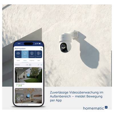 Werbung für eine Außenkamera: App auf Smartphone zeigt Alarmanlage und Kamerabilder; Text nennt zuverlässige Videoüberwachung im Außenbereich mit Bewegungsmeldung per App.