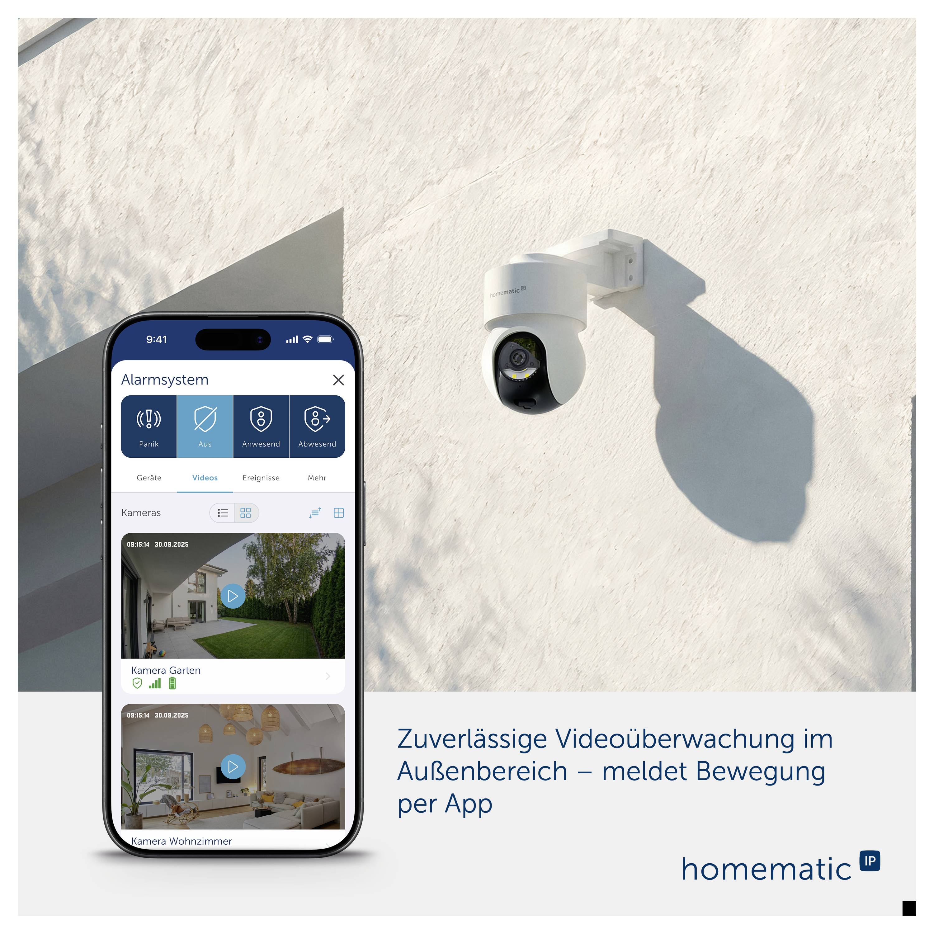 Werbung für ein Alarmsystem mit Außenkamera und Smartphone-App; Text: 'Zuverlässige Videoüberwachung im Außenbereich – meldet Bewegung per App' und 'homematic IP'.