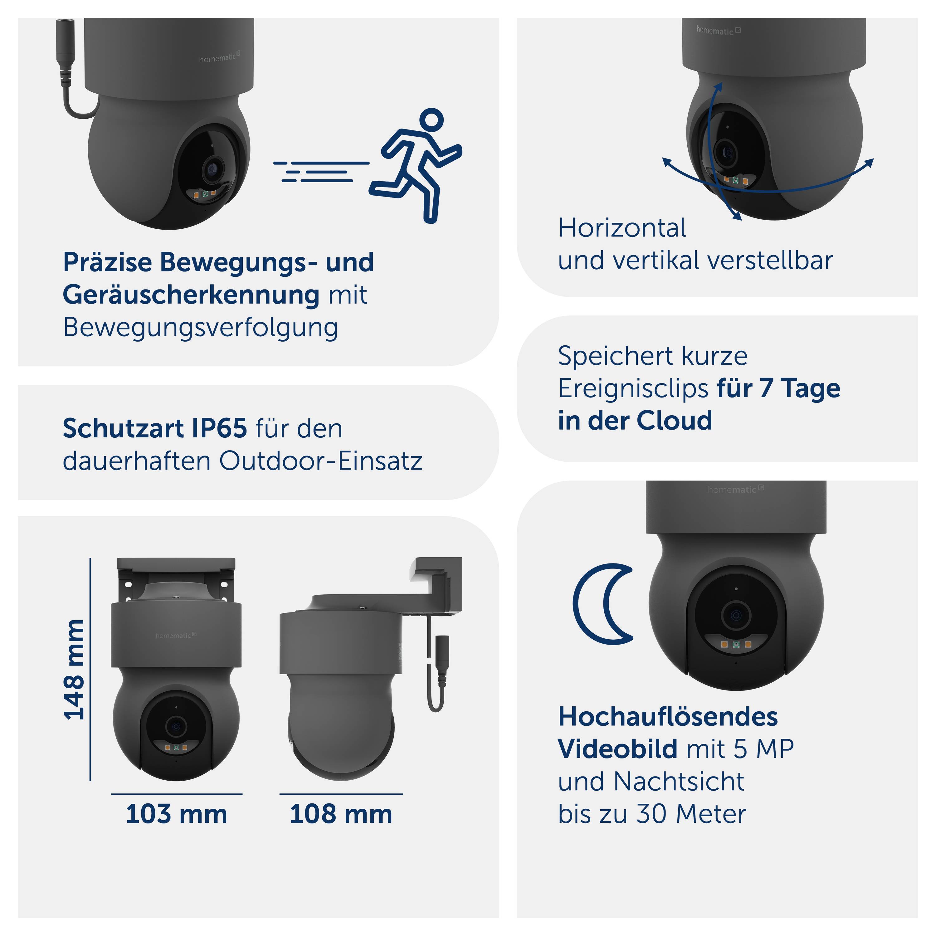Infografik einer Schwenk-/Neige-Überwachungskamera: präzise Bewegungs- und Geräuscherkennung mit Bewegungsverfolgung, IP65, in der Cloud 7 Tage speichern, nachts bis 30 m, Maße 148 mm hoch, 103/108 mm breit.<br>