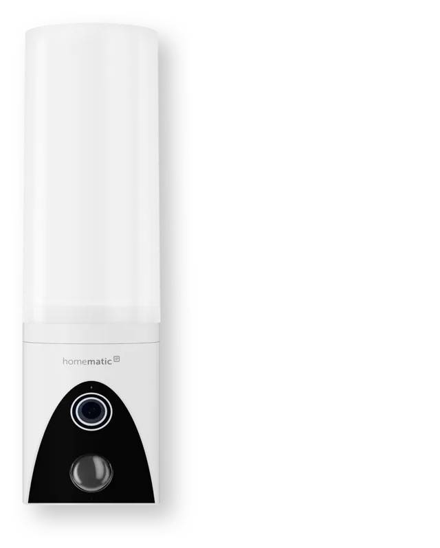 Weißes Homematic Smart-Home-Gerät mit zylindrischer Oberseite, schwarzem Frontpanel, kreisförmiger Kamera- oder Sensorlinse und unterer Taste auf einfachem Hintergrund