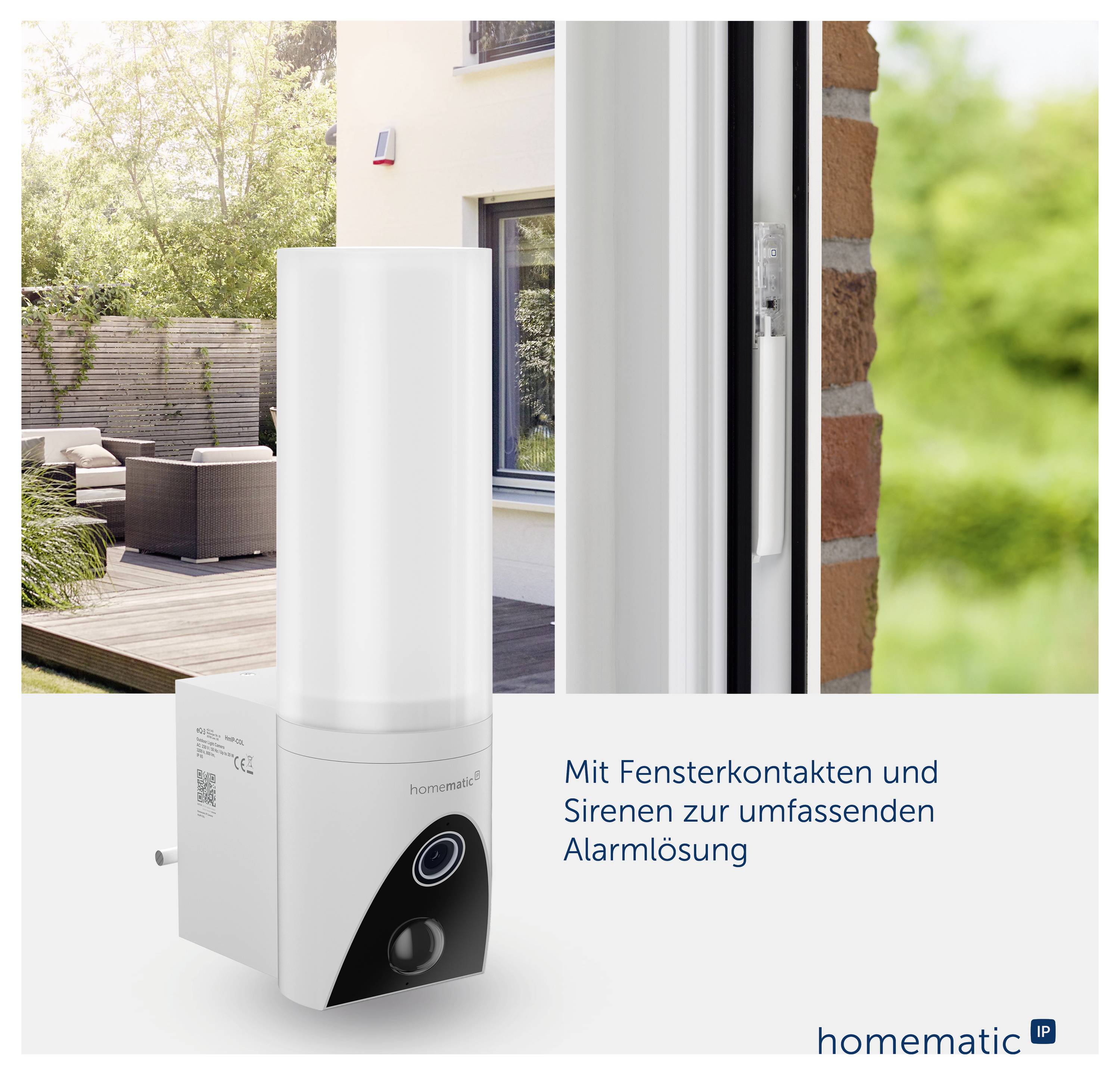 Homematic IP Alarmsirene mit Fensterkontakt vor Haus und Terrasse; Text: 'Mit Fensterkontakten und Sirenen zur umfassenden Alarmlösung'.