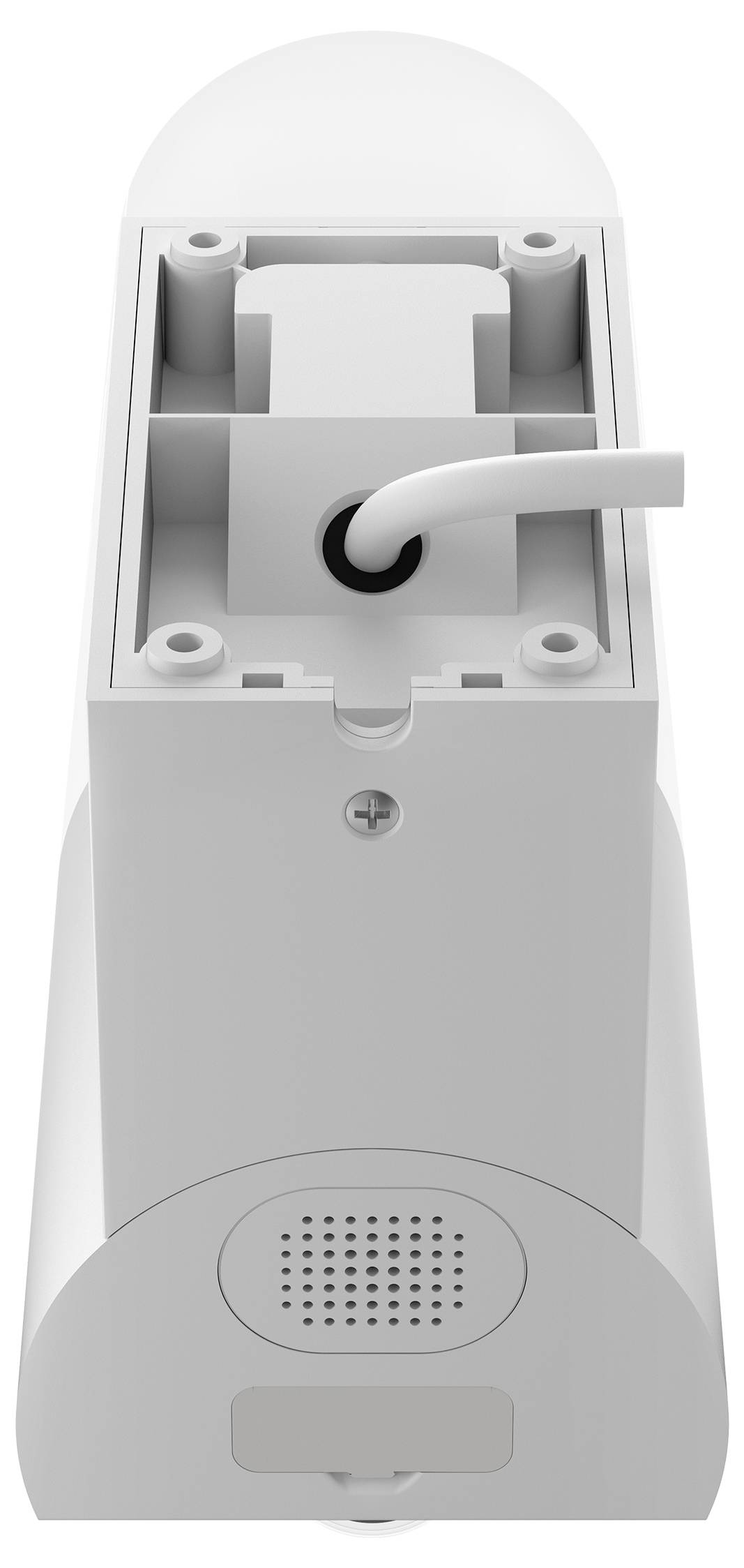 Nahaufnahme eines weißen wandmontierten Geräts oder Sensors mit einem Kabel, das vorne eintritt, und einem perforierten Lautsprecher- oder Lüftungsgitter in der Nähe des unteren Bereichs.