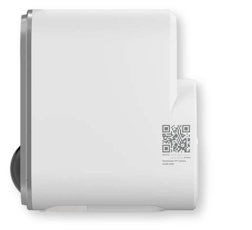 Weiße wandmontierte HomeKit IP-Kamera mit QR-Code auf der Vorderseite für die Einrichtung