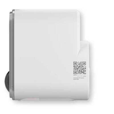 Weiße wandmontierte HomeKit IP-Kamera mit QR-Code auf der Vorderseite für die Einrichtung