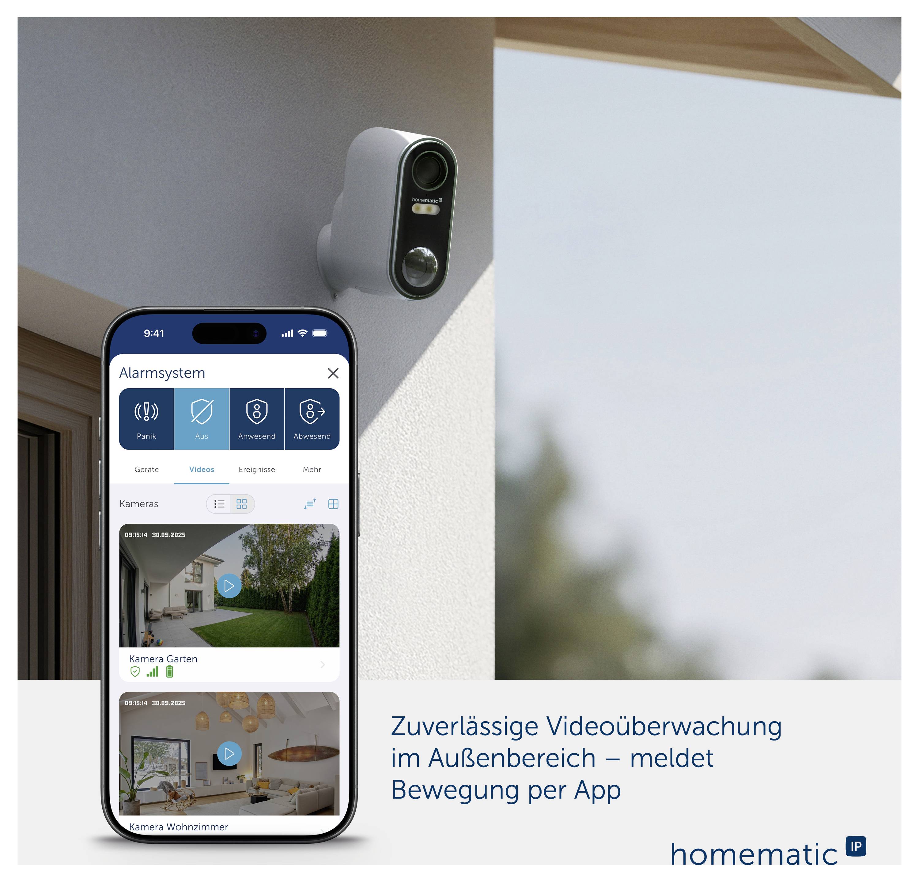 Smartphone zeigt Alarm- und Kamera-App zur Videoüberwachung; draußen ist eine Überwachungskamera am Haus montiert, Text: 'Zuverlässige Videoüberwachung im Außenbereich – meldet Bewegung per App'<br>